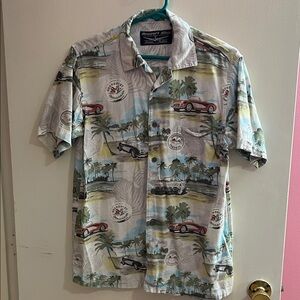 Newport Men's Short-Sleeve Tropical Car Print Shirt - Light Blue, White, Green